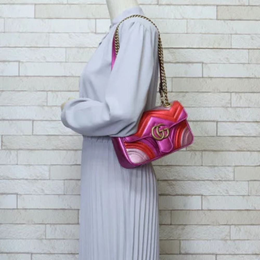 Gucci Chain Shoulder Matelasse GG Pink Marmont Metallic Leather Bag